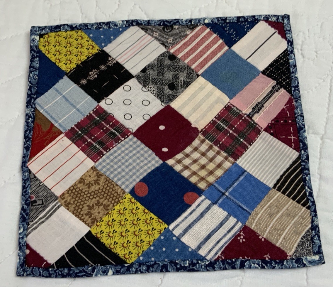 Vintage Patchwork Quilt Table Topper, Four Patch, Early Calico Prints, Blue, Red