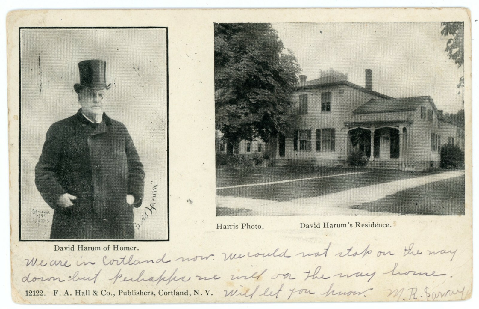 Postcard – Homer, New York, Fictional Character David Harum & His Residence