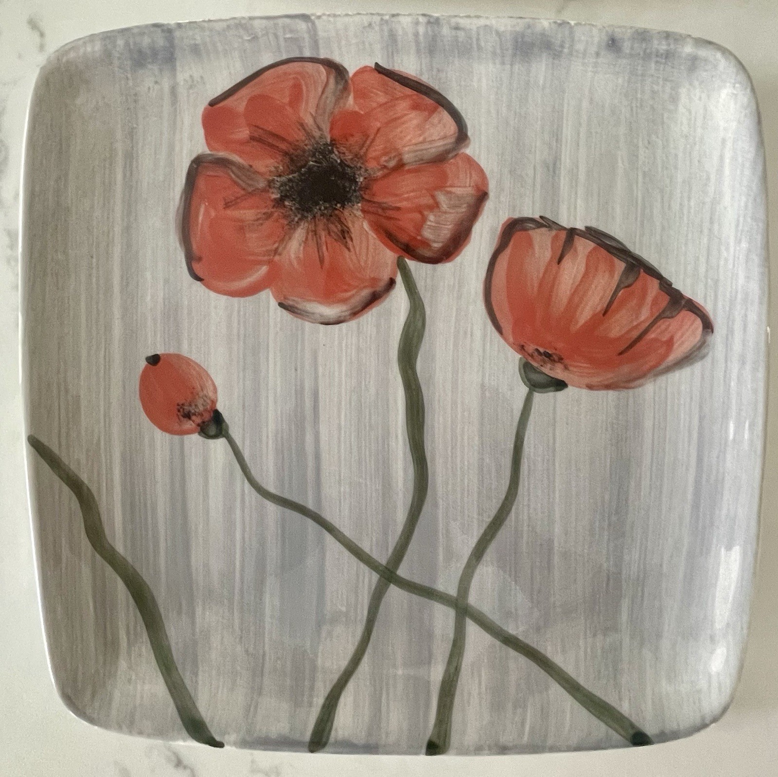 Lillian Vernon Italy Square Ceramic Plates – Hand Painted Tulip & Poppy 8.5″