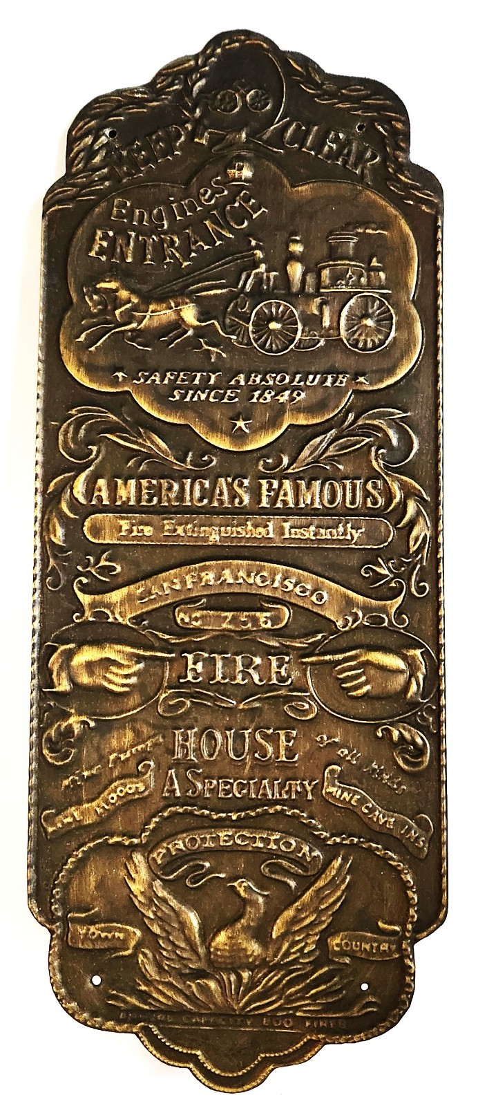 Ornate Vintage Antique Brass Firehouse Door Plate San Francisco No. 256