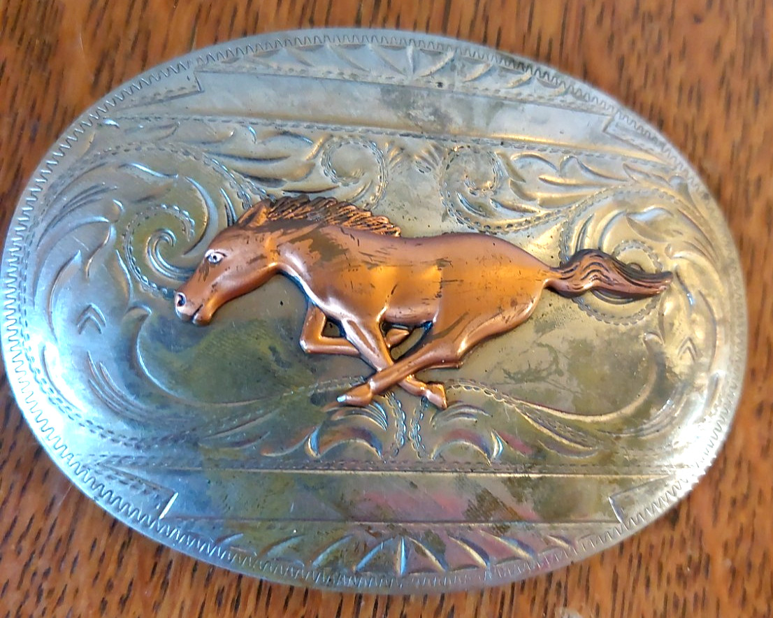 Vtg Nickel Silver Running Horse Mustang Oval Belt Buckle Copper Color Horse