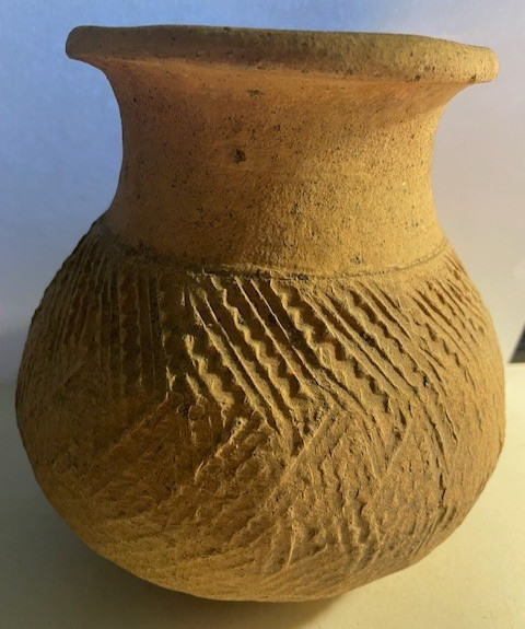 EARTHENWARE STORAGE JAR WITH PADDLE-IMPRESSED DECORATION – 6″ x 6″
