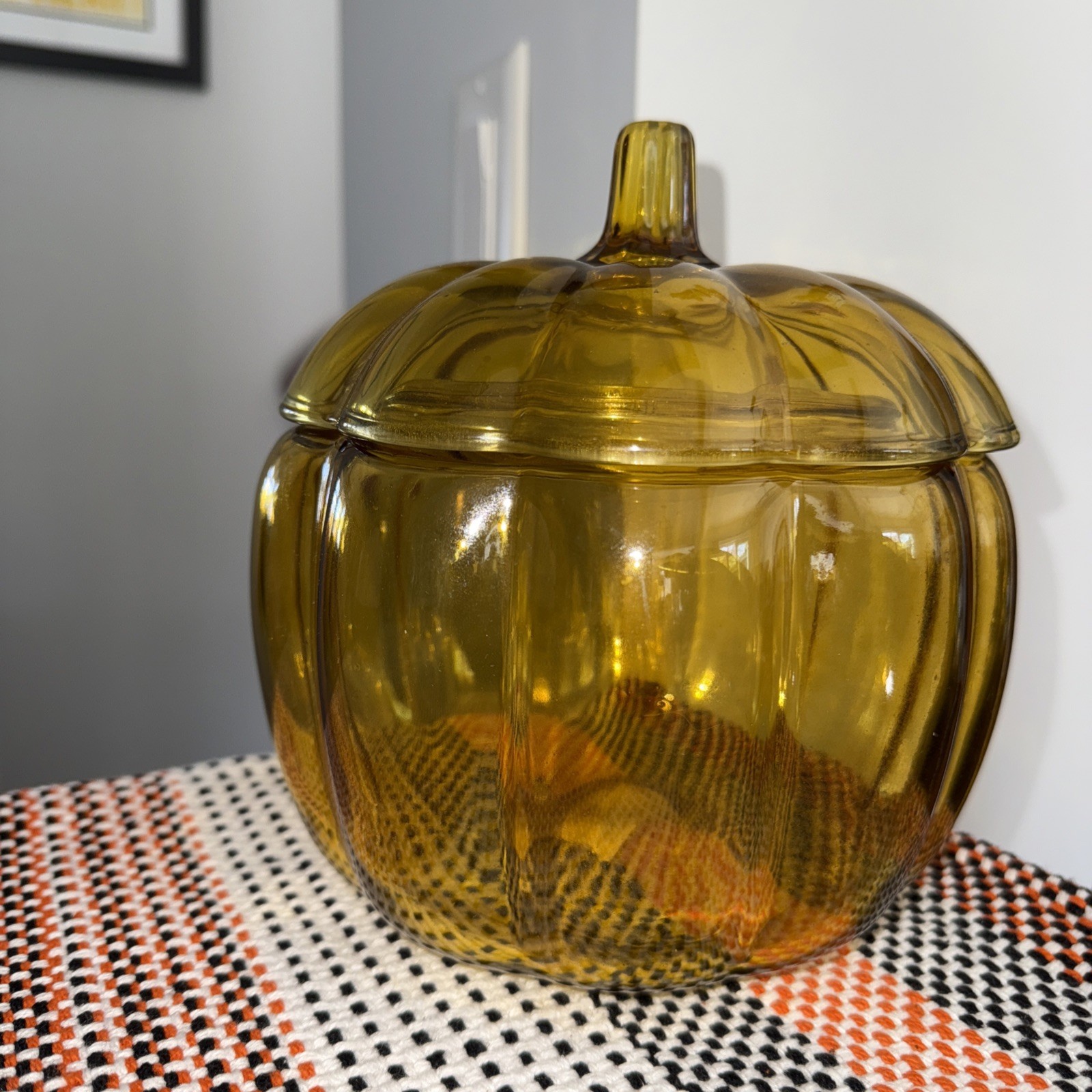 Vintage Anchor Hocking Amber Glass Pumpkin Pantry Jar Cookies Candy