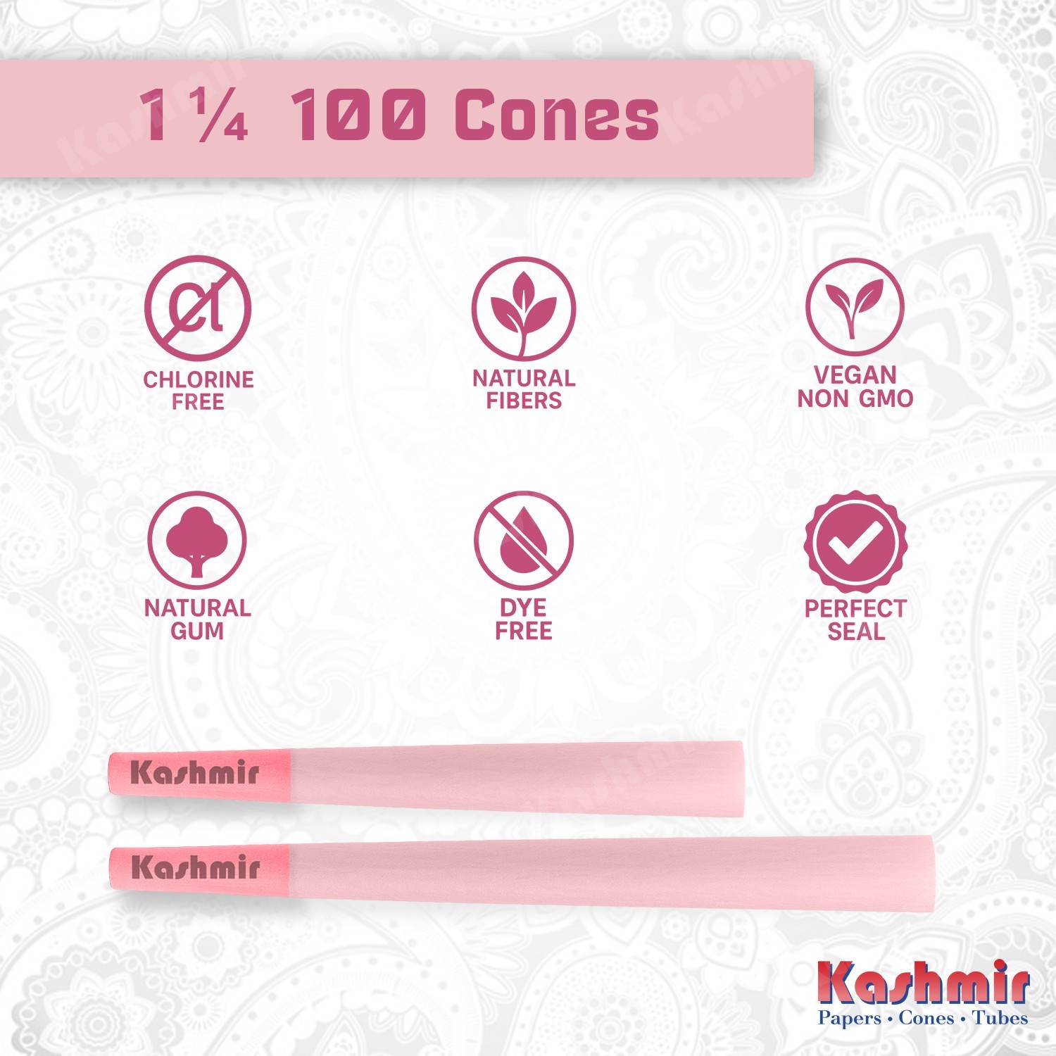 Kashmir Pre Rolled Cones Pink Rolling Papers 1 1/4 Natural Gum & Smooth 100 Ct