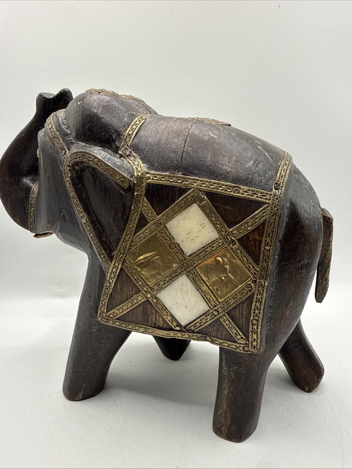 Vintage India Elephant Carved Wood with Stone Inlay and Brass Accents