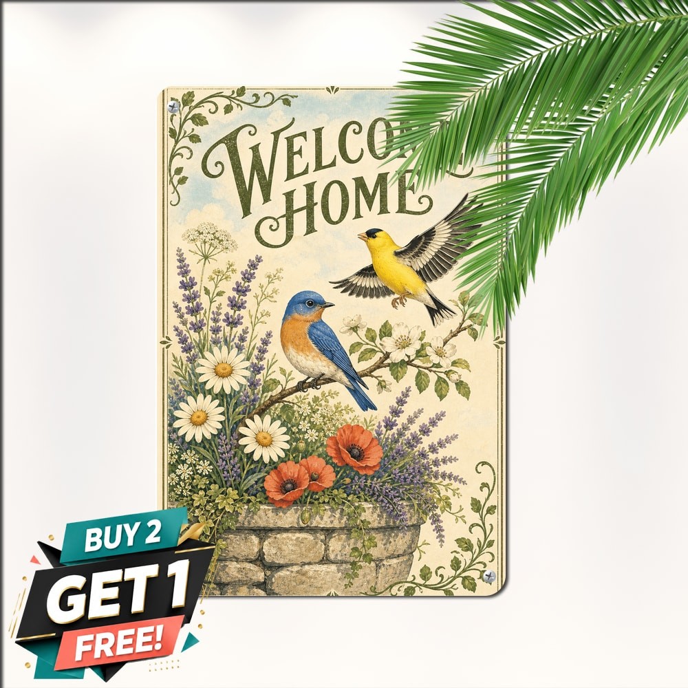 Songbirds Wildflowers Illustration Soft Cream Background Garden Welcome Sign