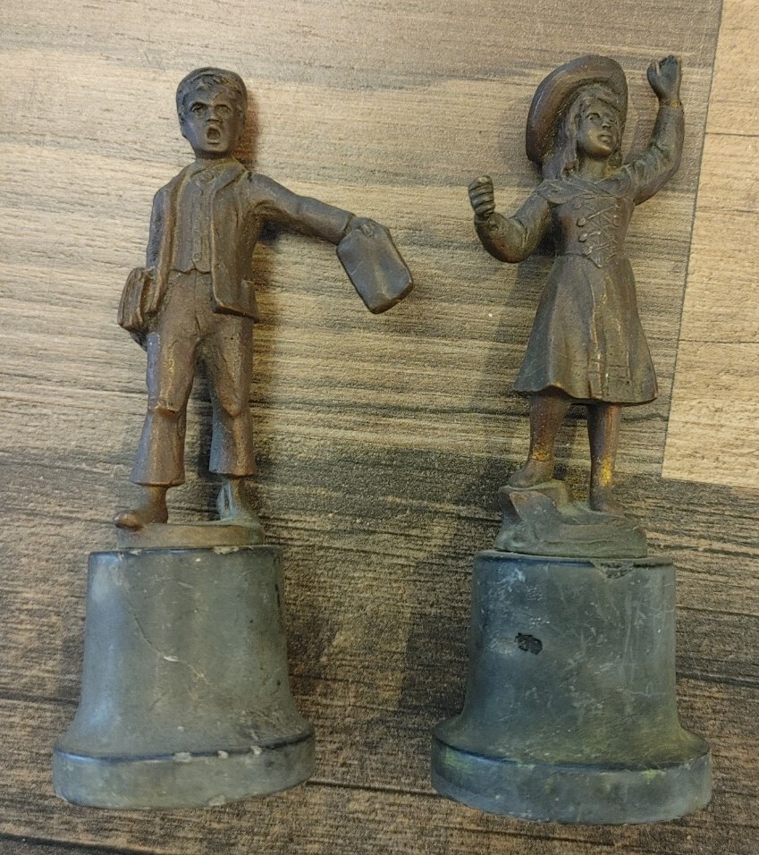 Miniature Antique Bronze Boy And Girl Pair On Stone Pedestals 19th century
