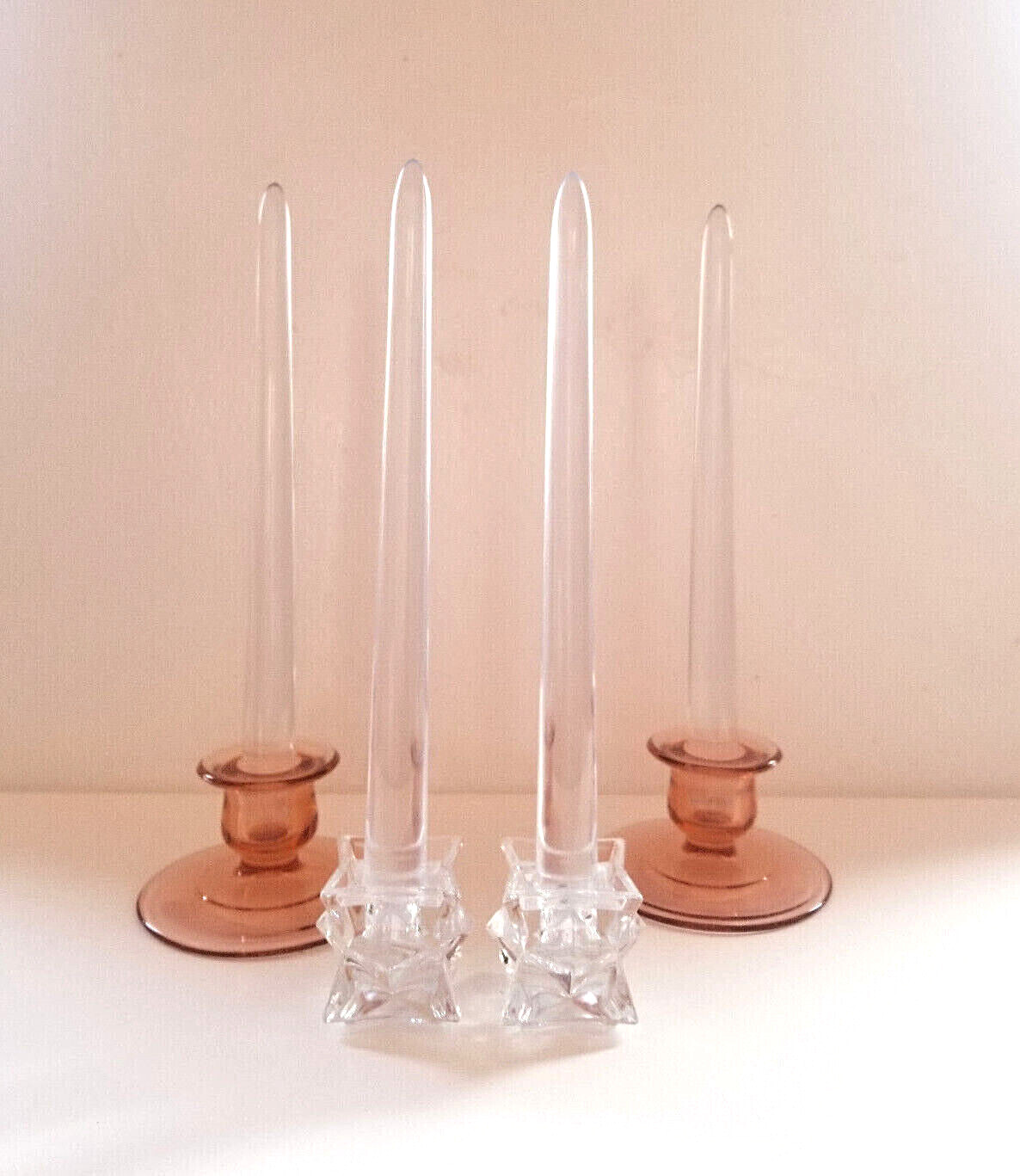 Sheer “Lucite” Candlesticks Flakes 10 inch 6 inch Pair Handmade ASSORTED COLORS