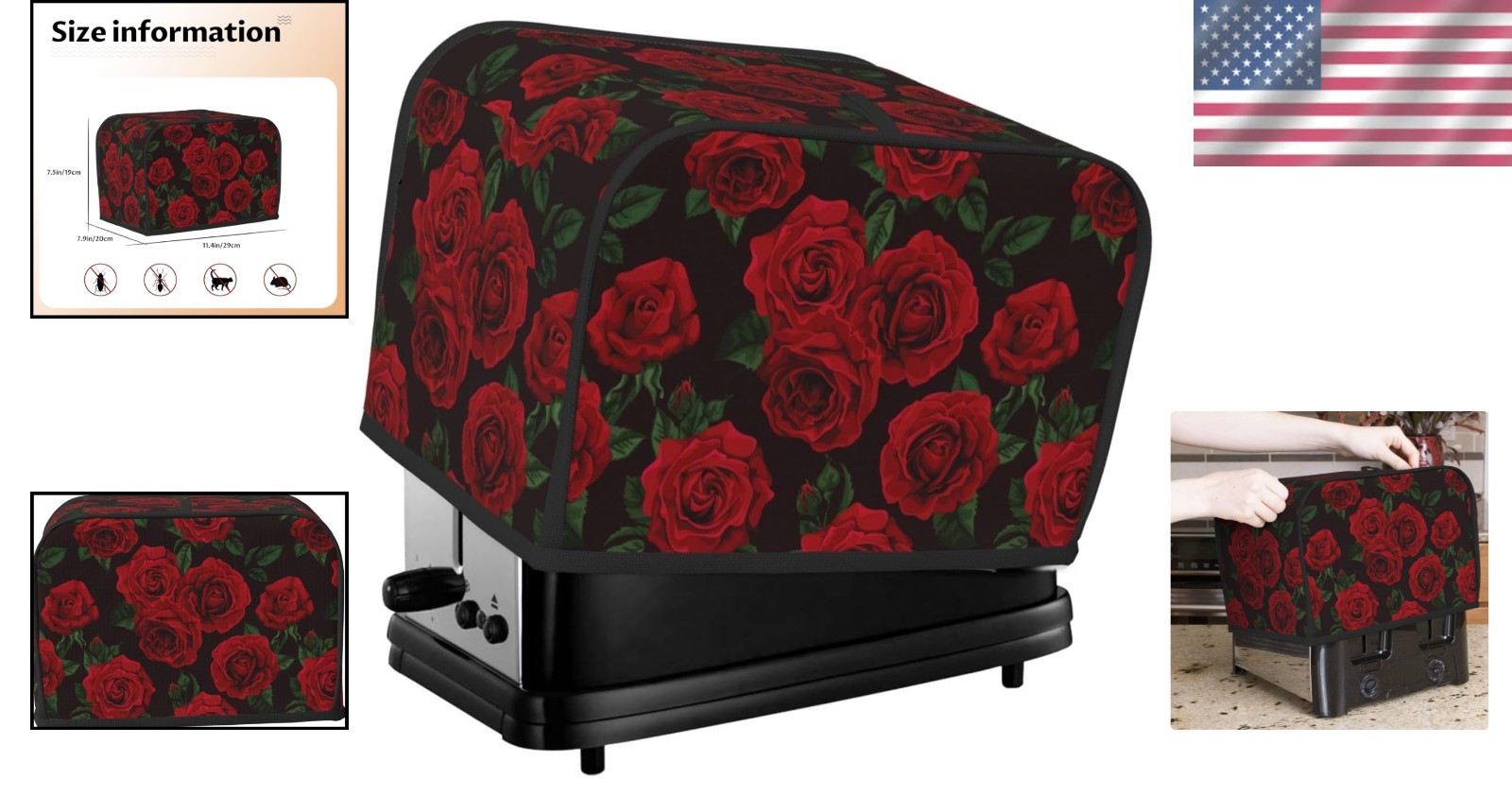 Durable Water-Resistant Toaster Cover – Red Black Rose Design for Everyday Use