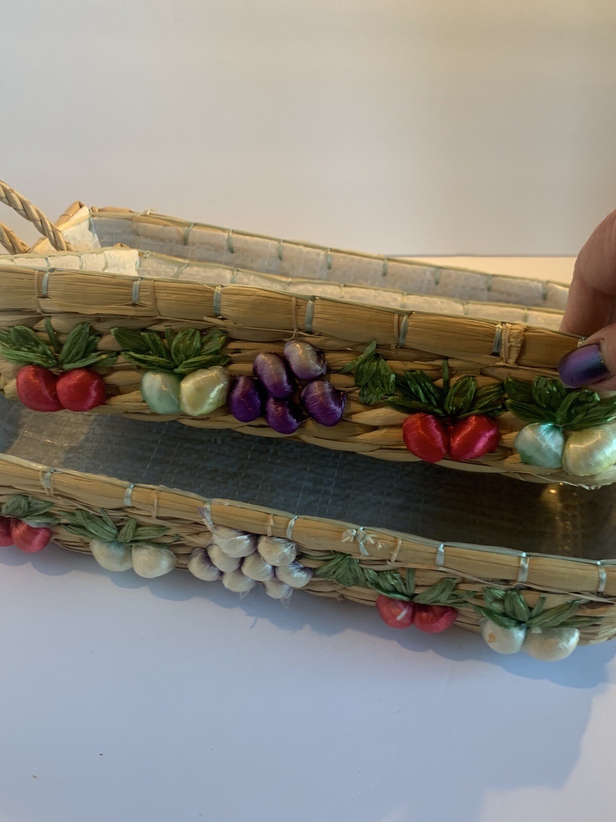 2 Pretty Rectangular Straw Baskets~Handled~Woven Fruit Pyrex Holders