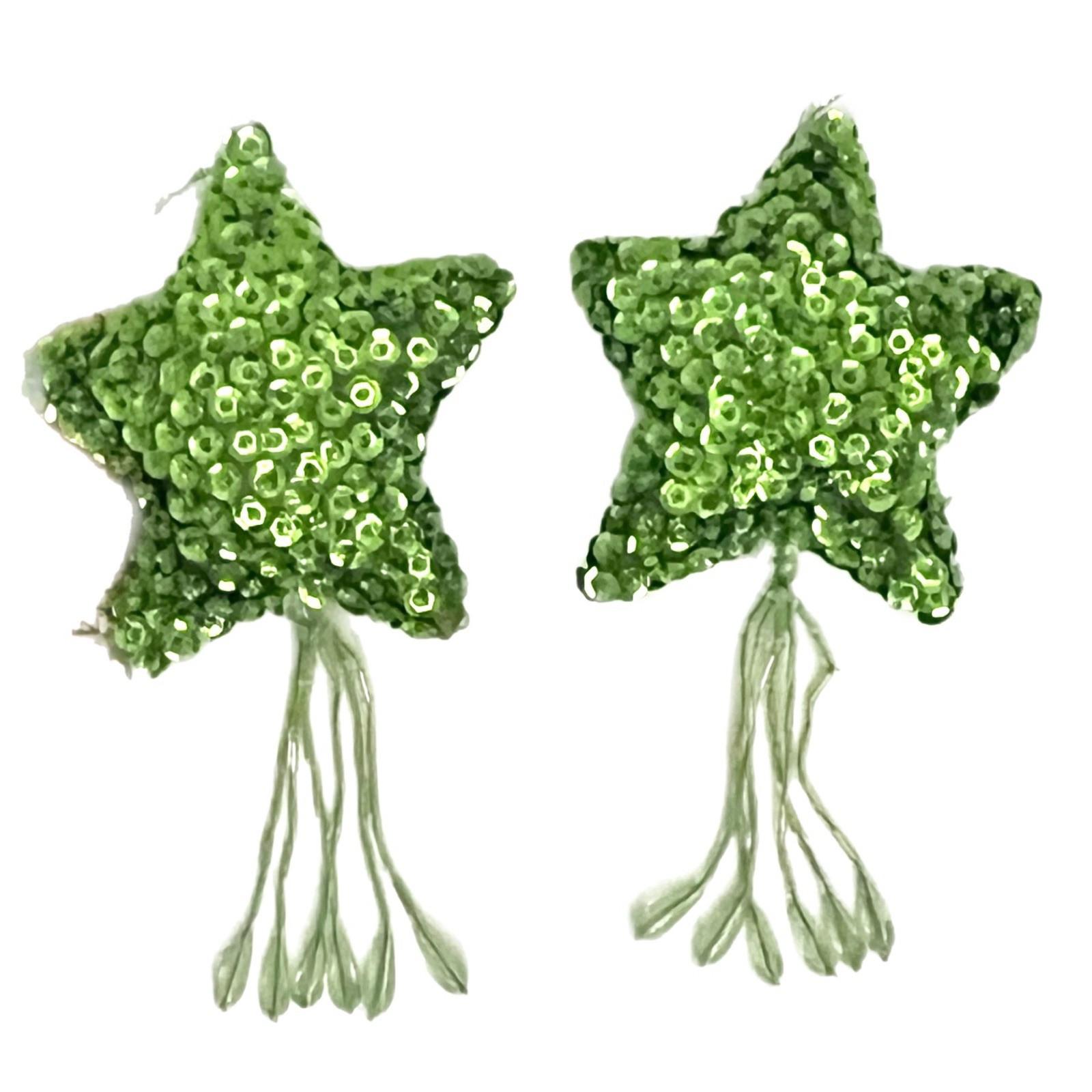 2 Christmas Star Ornaments Green Fabric Sequins Beads w/ Beaded Dangle Tail READ