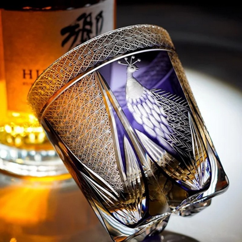 320ml Hand Carved Peacock Pattern Edo Kiriko Glass Gift Tumbler for Whisky
