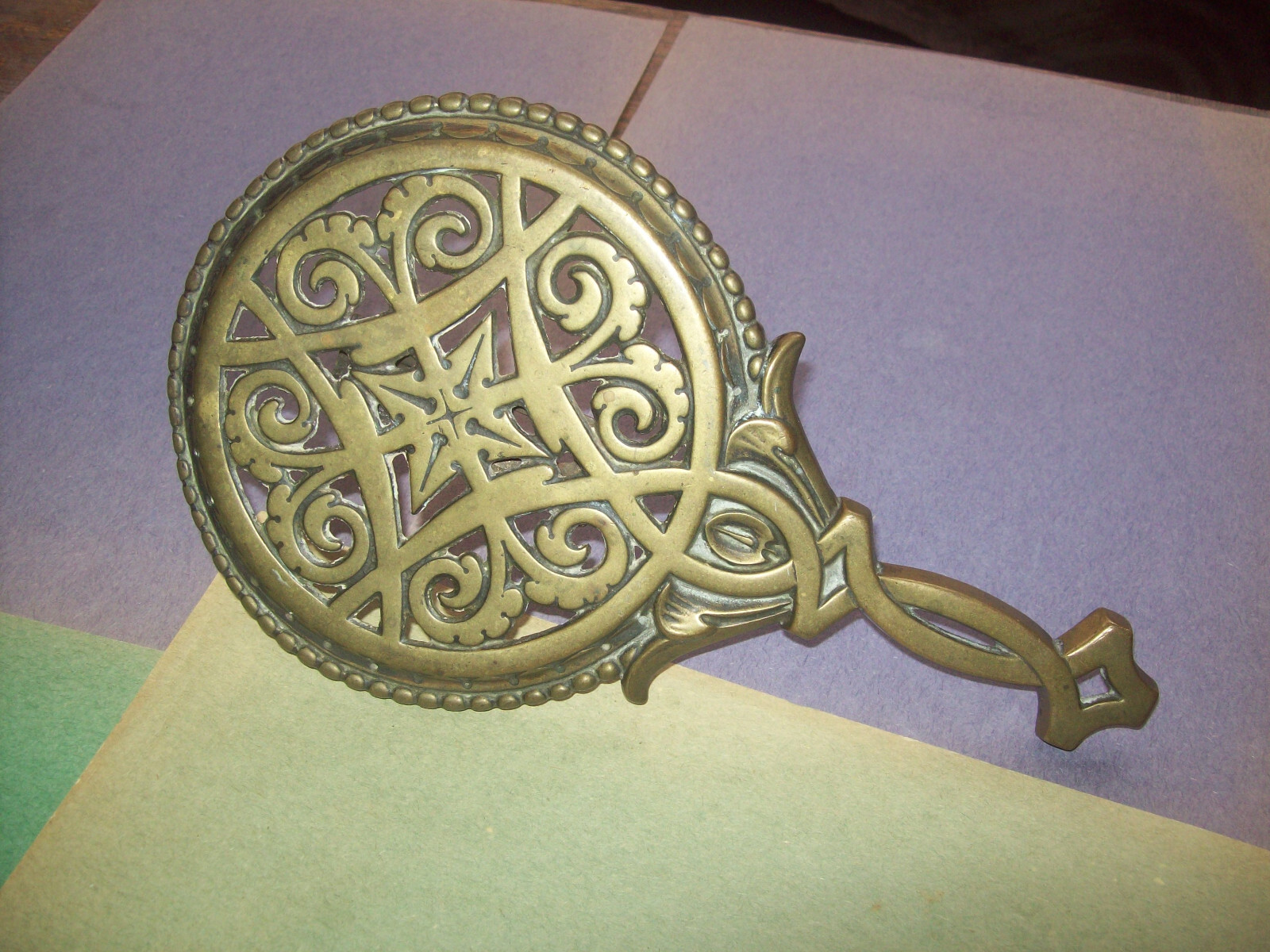 ANTIQUE VICTORIAN BRASS TRIVET WITH CAST IRON RANGE STAND ACCESSORY A.K & SONS