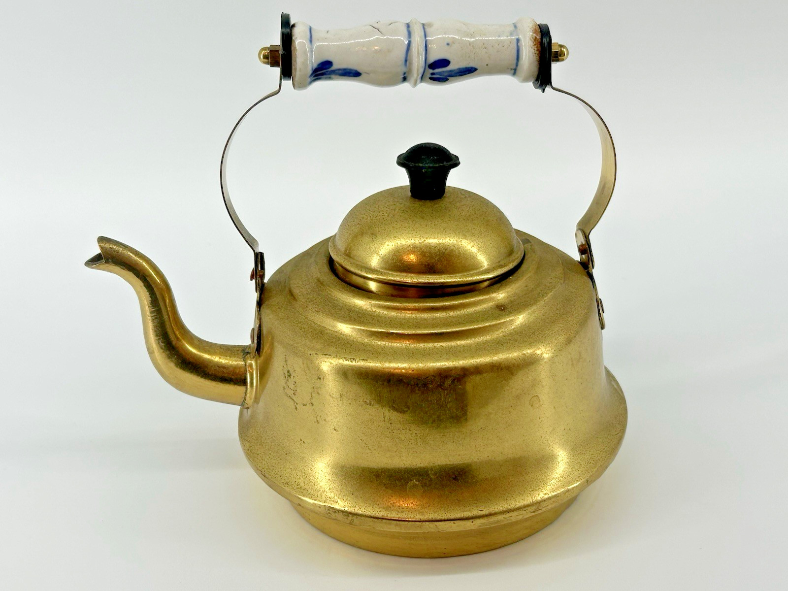 Vintage Brass Kettle with ceramic Floral decorated handle Lined Victorian Unique