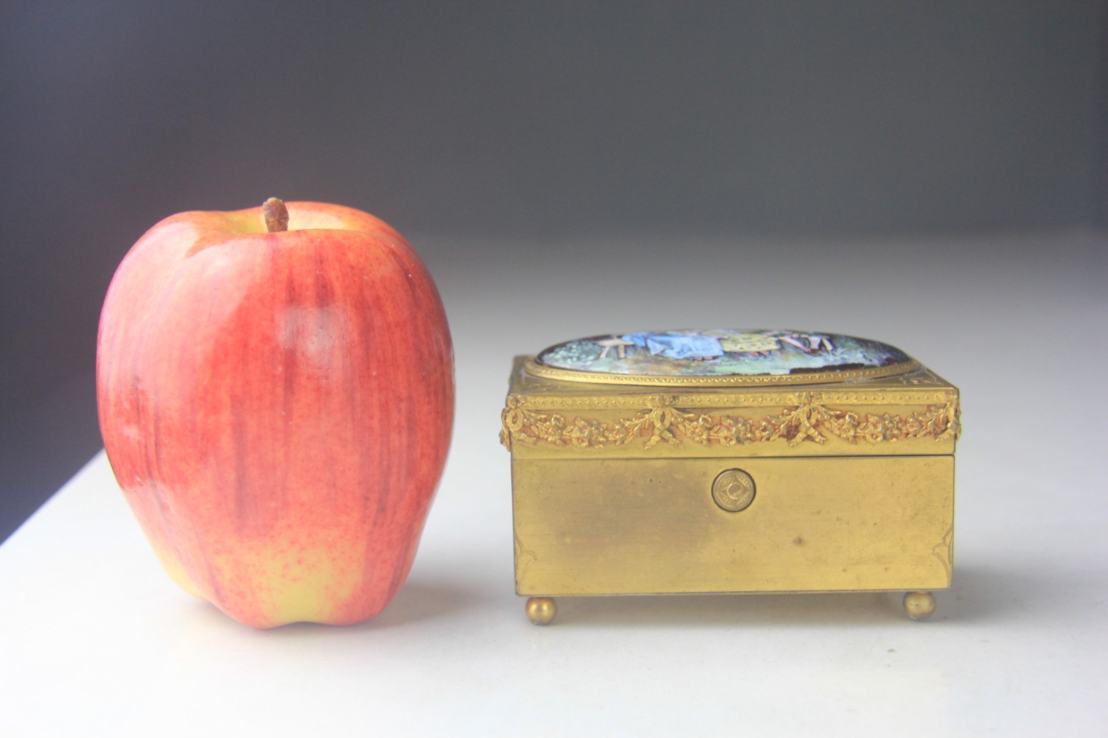 Antique French Rectangular Gilt Bronze Jewel Casket Trinket Box w/ Enamel Plaque