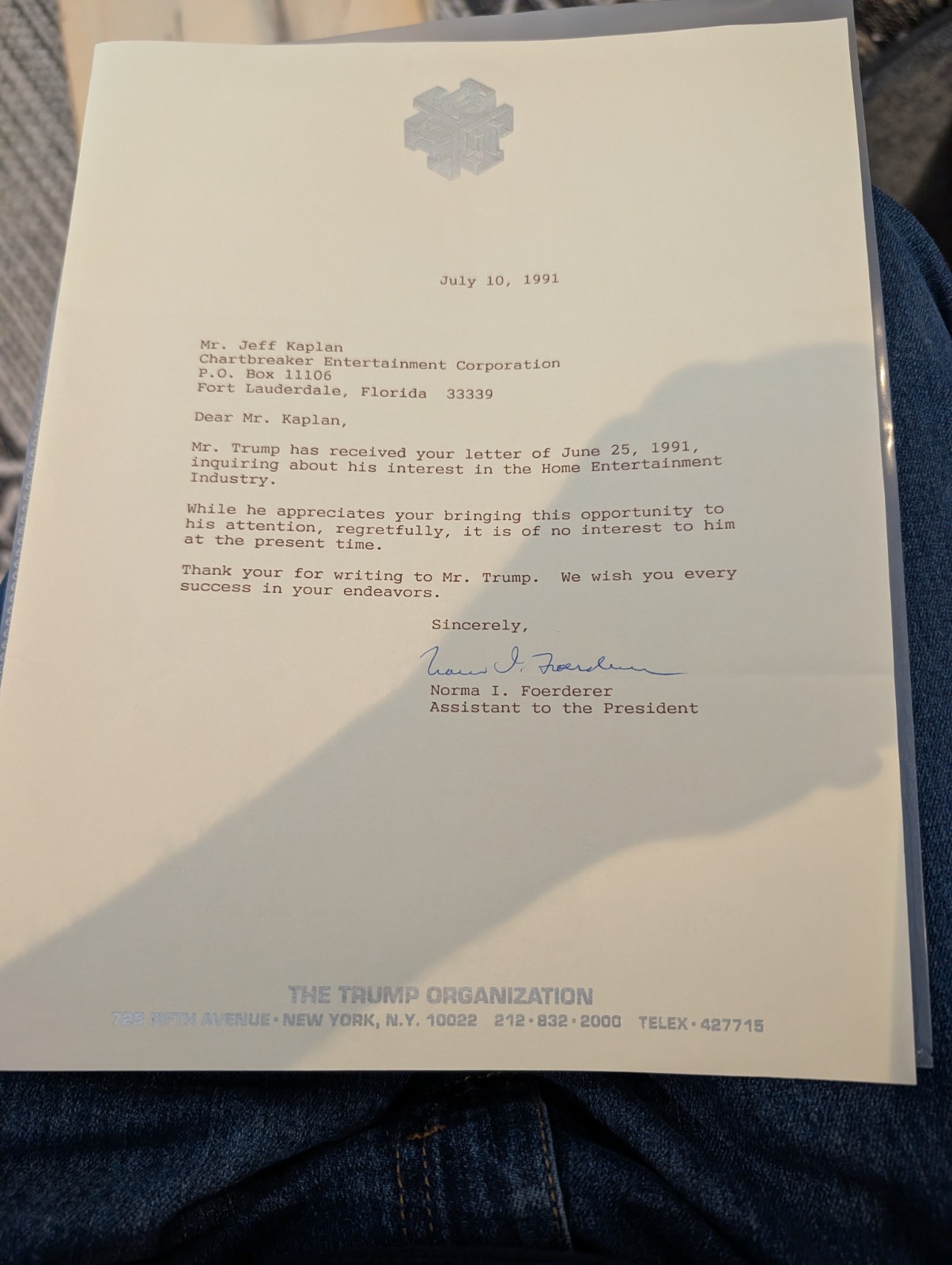 THE TRUMP ORGANIZATION LETTER 1991 BUSINESS CORRESPONDENCE
