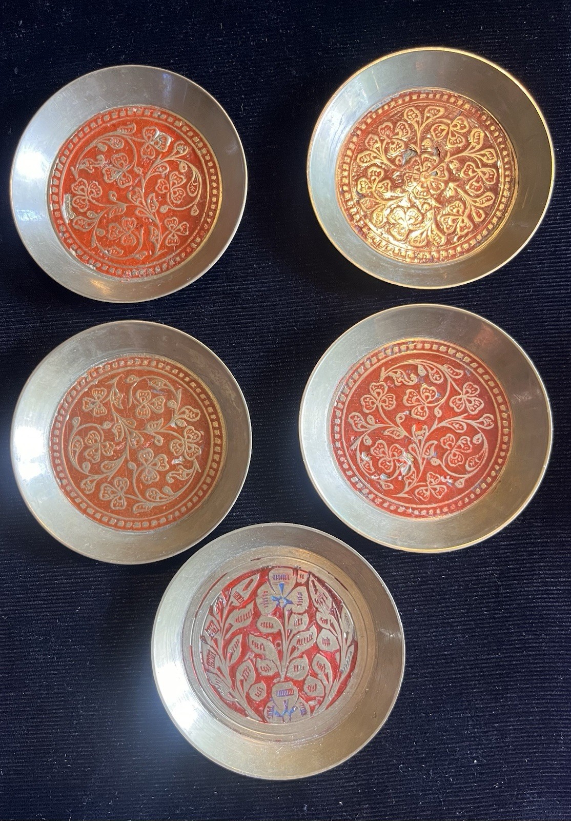 Vintage Brass and Enamel Design Trinket/Ring dishes lot of 5 India