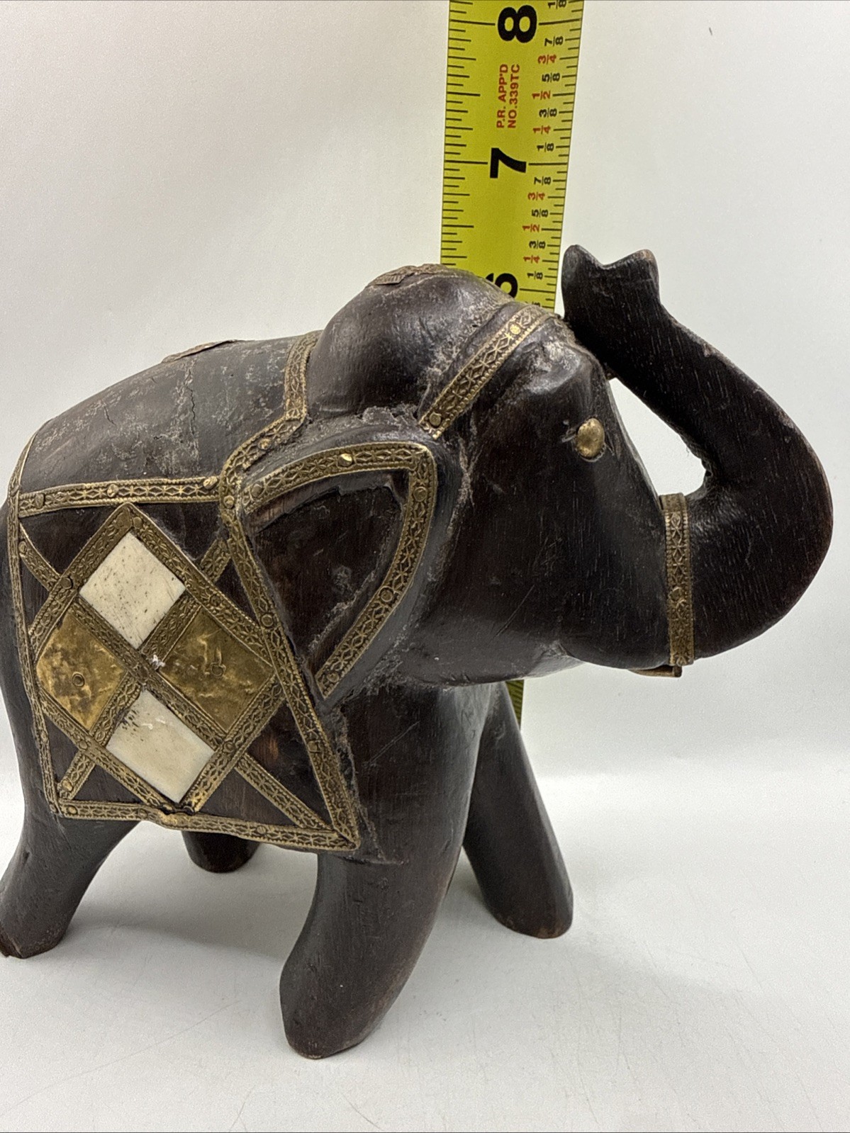 Vintage India Elephant Carved Wood with Stone Inlay and Brass Accents