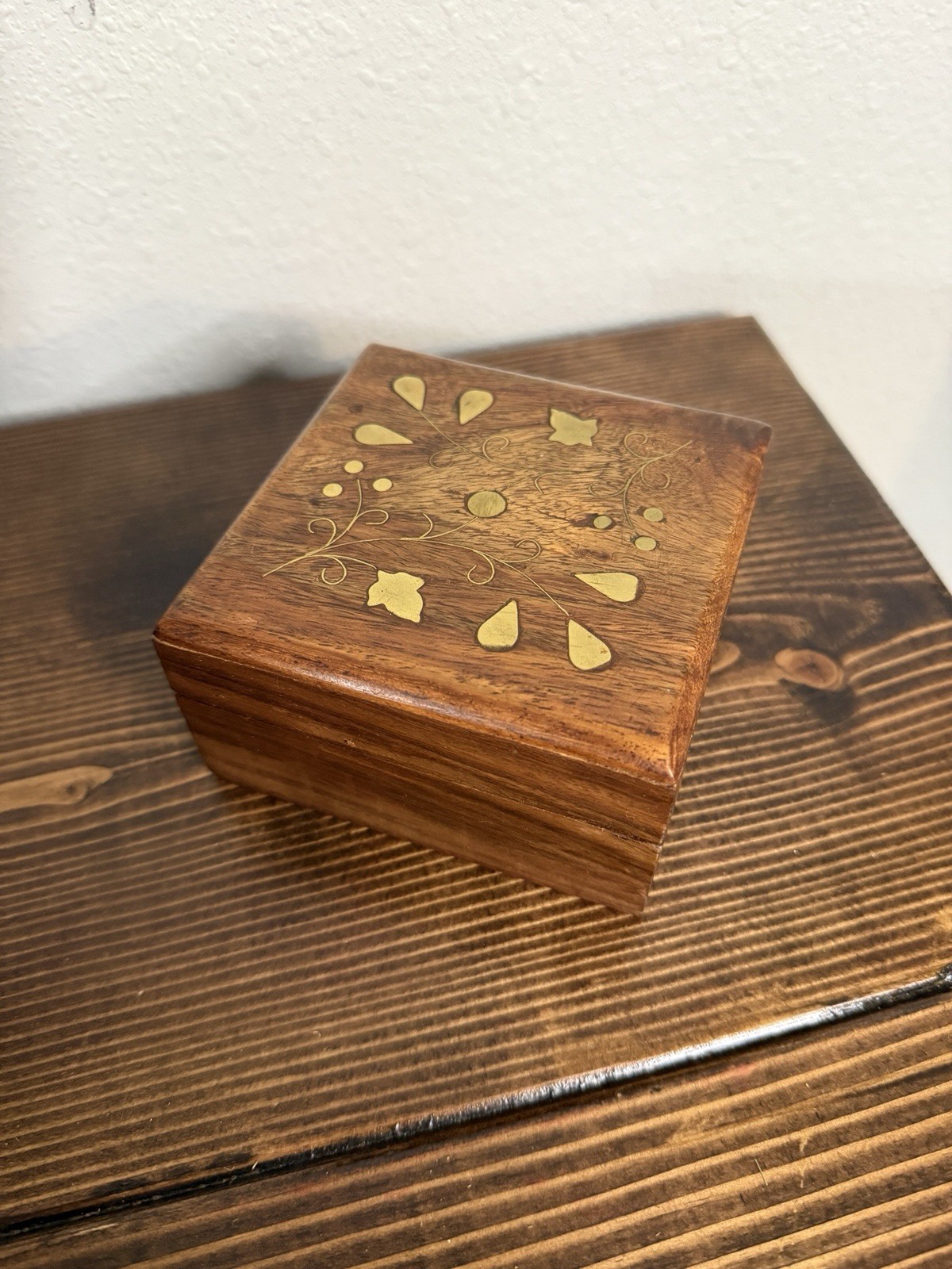 Vintage Wood Jewelry Box With Brass inlay 4”x4″ Hinged.