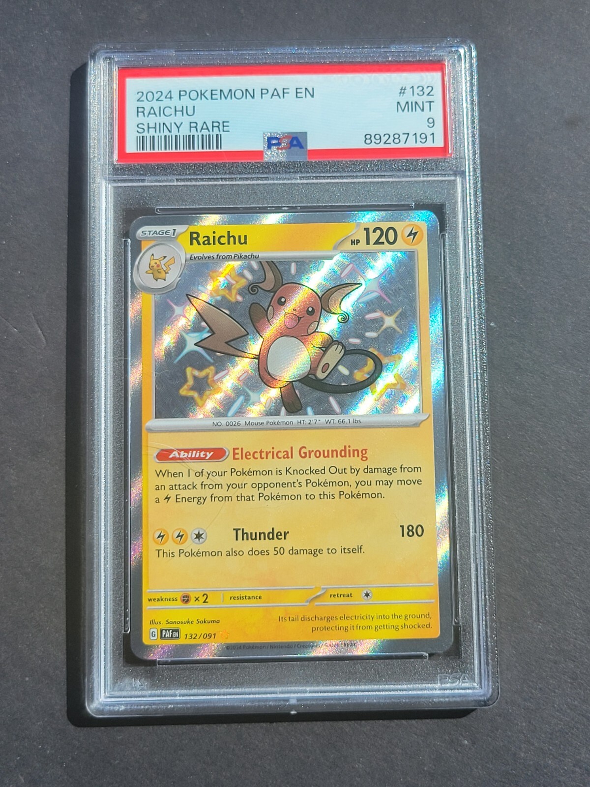 PSA 9 RAICHU 132/091 – SCARLET & VIOLET PALDEAN FATES SHINY RARE – MINT
