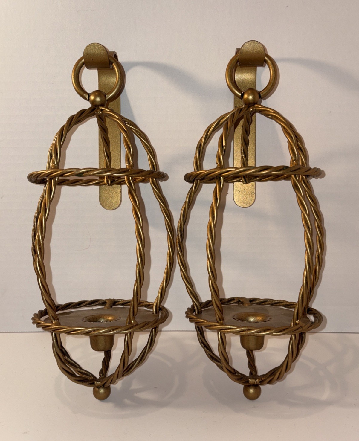 Vintage Gold Gilt Candle Wall Sconces Pair Twisted Metal Rope 13”