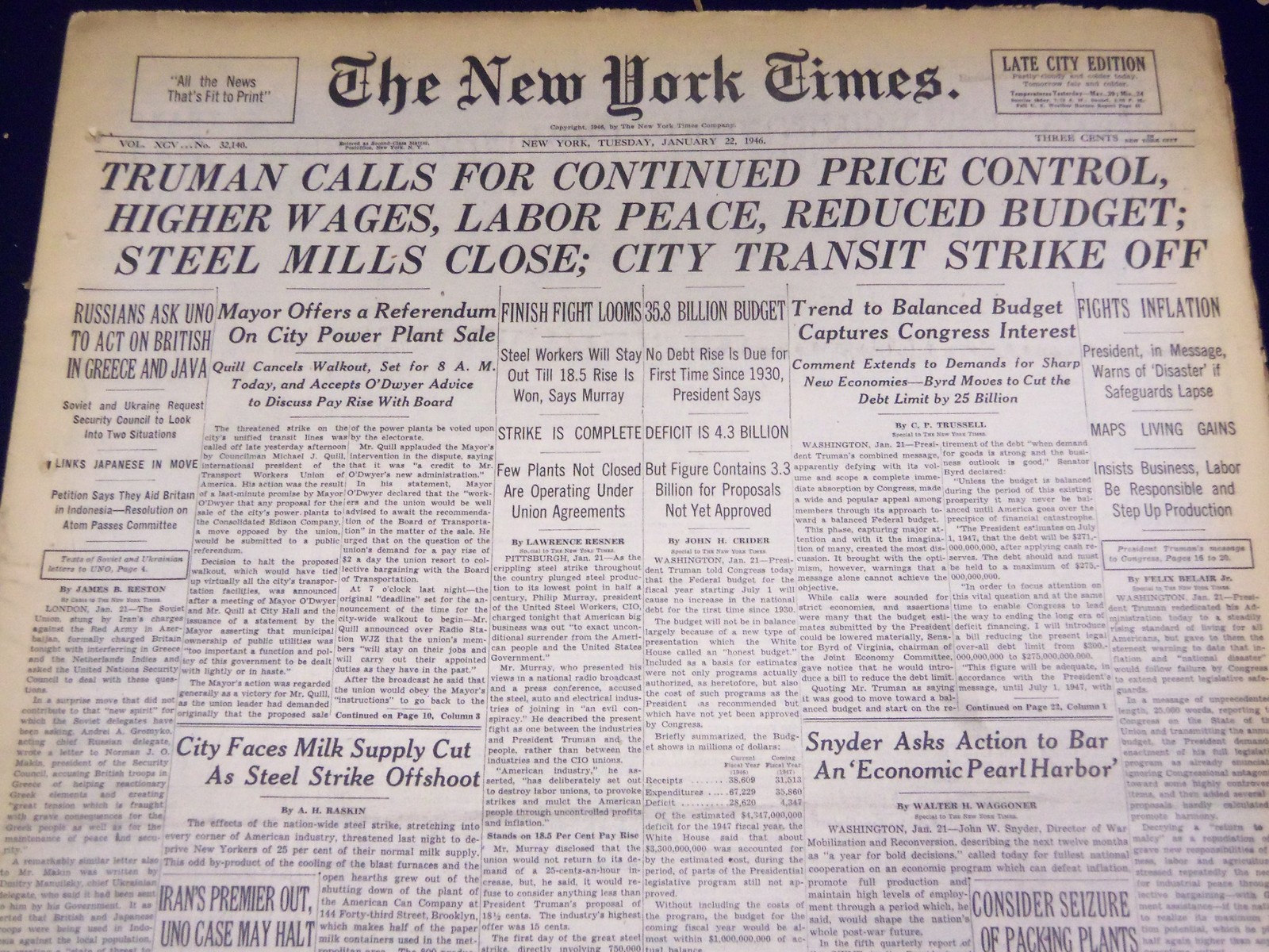1946 JAN 22 NEW YORK TIMES – STEEL MILLS CLOSE CITY TRANSIT STRIKE OFF – NT 884