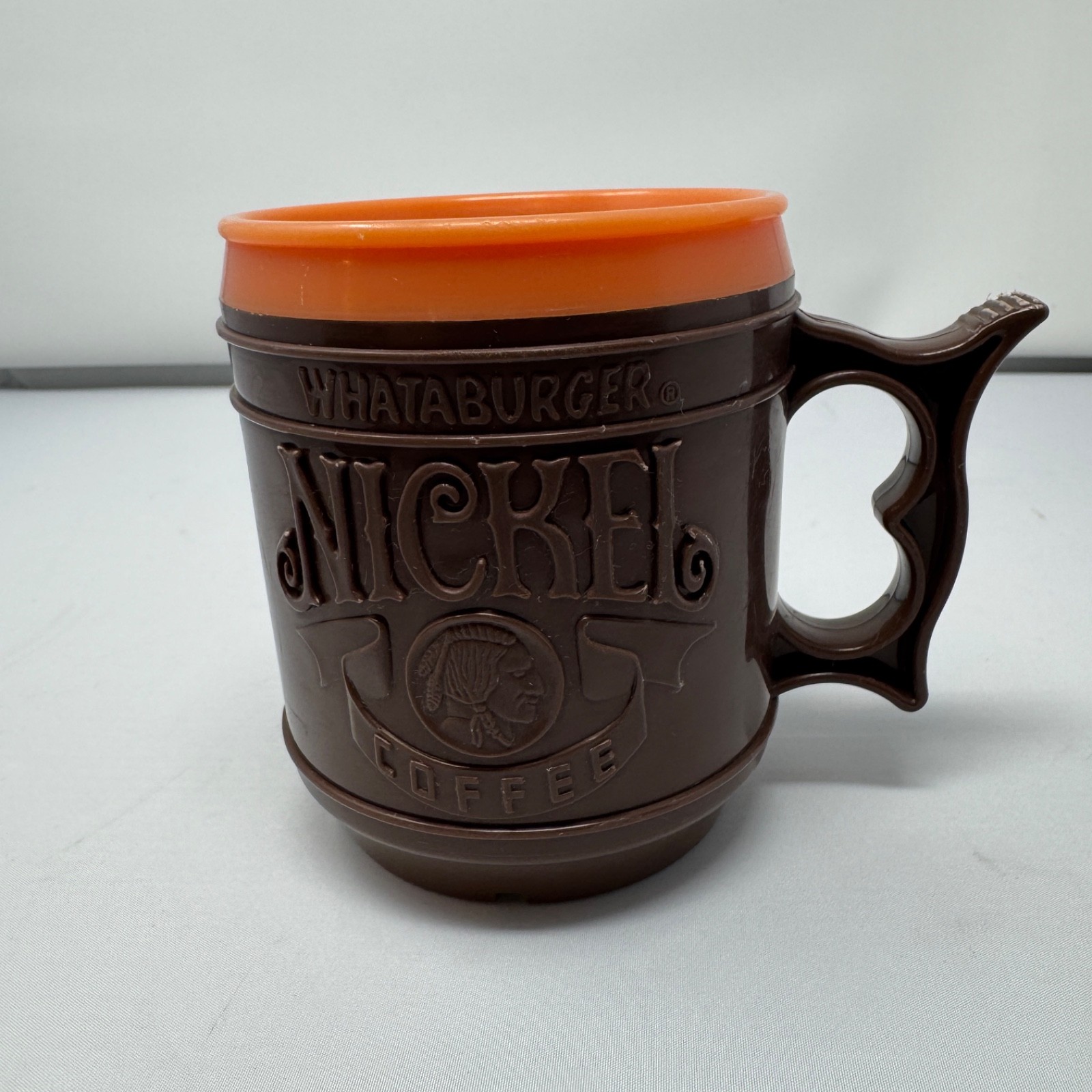 Vintage Whataburger Nickel Coffee Mug Brown & Orange Plastic Travel Cup