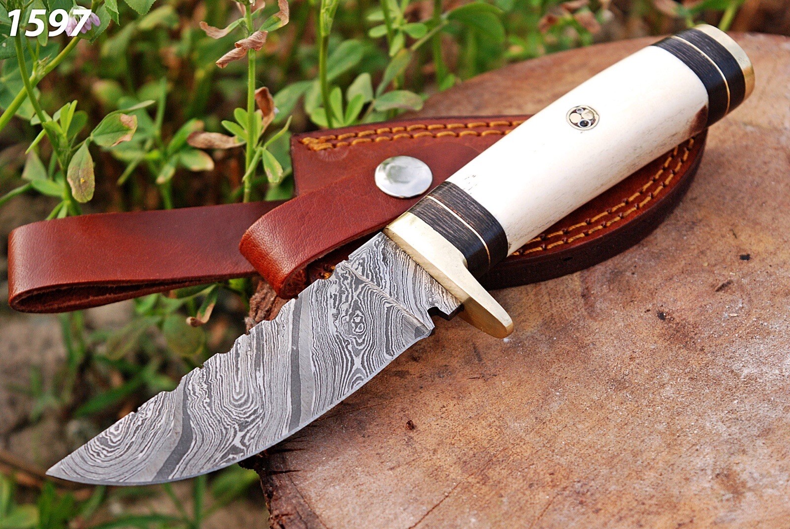 8”HANDMADE DAMASCUS HUNTING SKINNING KNIFE CAMEL BONE & BRASS GUARD HANDLE