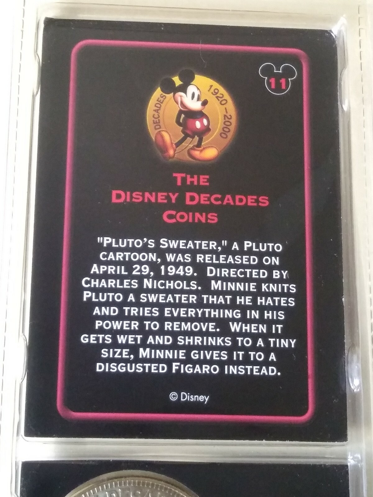 The Disney Store Decades 1920-2000 Pluto’s Sweater “1949” Coin & Card #11 New