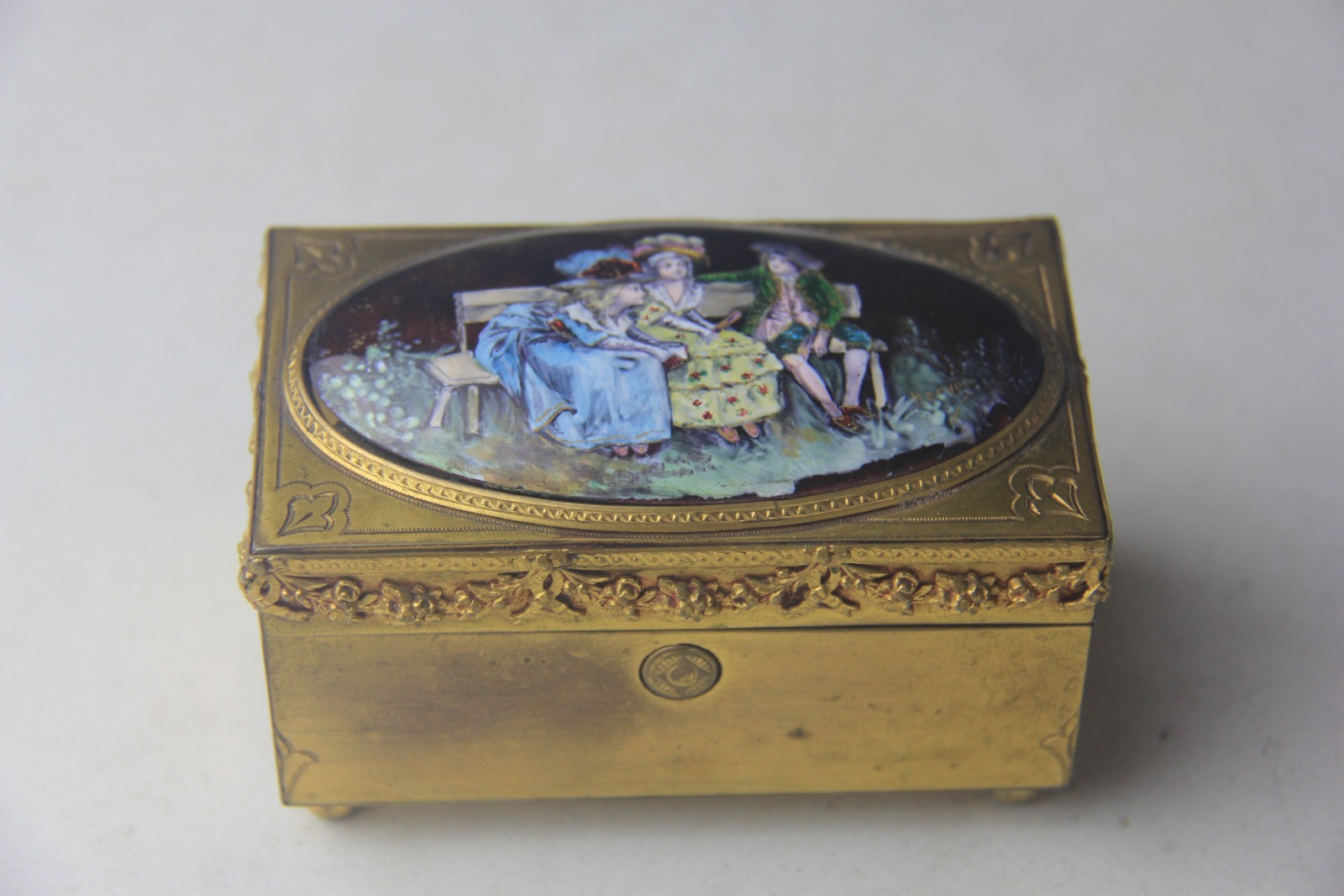 Antique French Rectangular Gilt Bronze Jewel Casket Trinket Box w/ Enamel Plaque