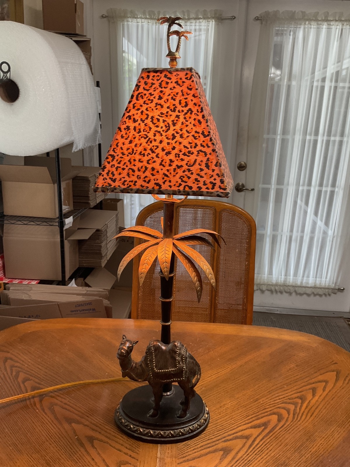 Vtg Cast Bronze Camel & Palm Tree Base Table Lamp With Leopard Print Shade 28″