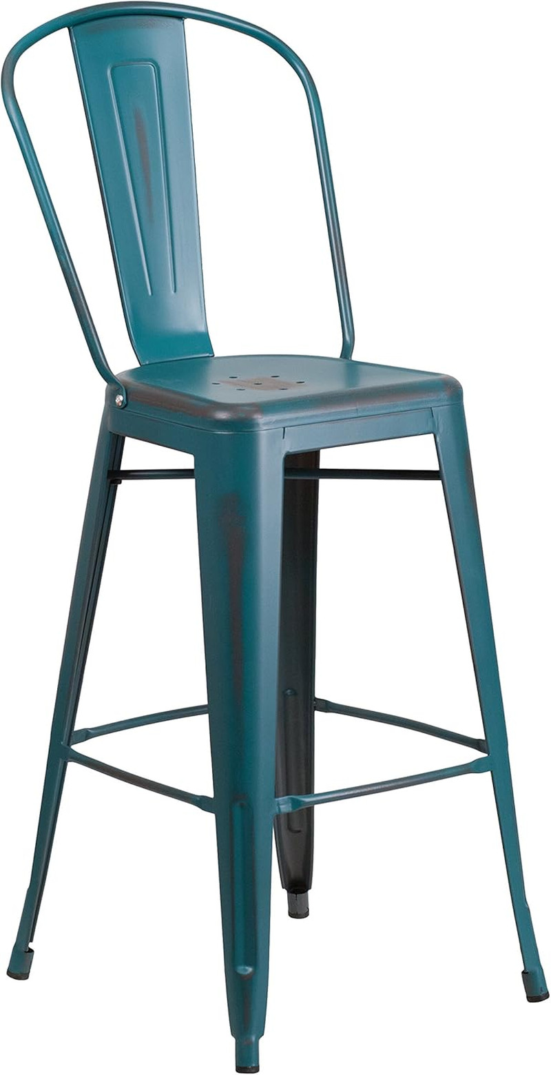 Commercial Grade 30″ High Distressed Kelly Blue-Teal Metal Indoor-Outdoor Barsto