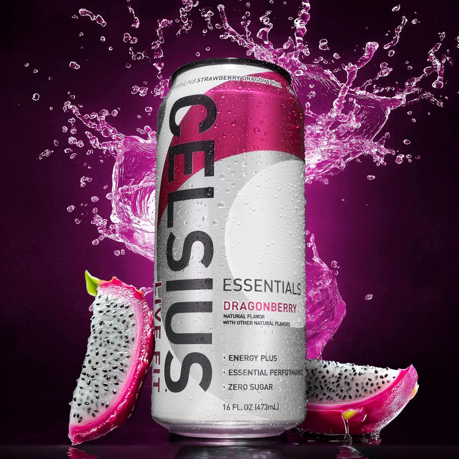 CELSIUS ESSENTIALS Sparkling Dragonberry, Sugar Free 16 Fl Oz (Pack of 12)