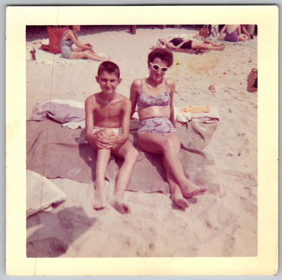 Vtg Color Snapshot Woman In Floral Bikini Cat Eye Sunglasses Boy Beach 1960s