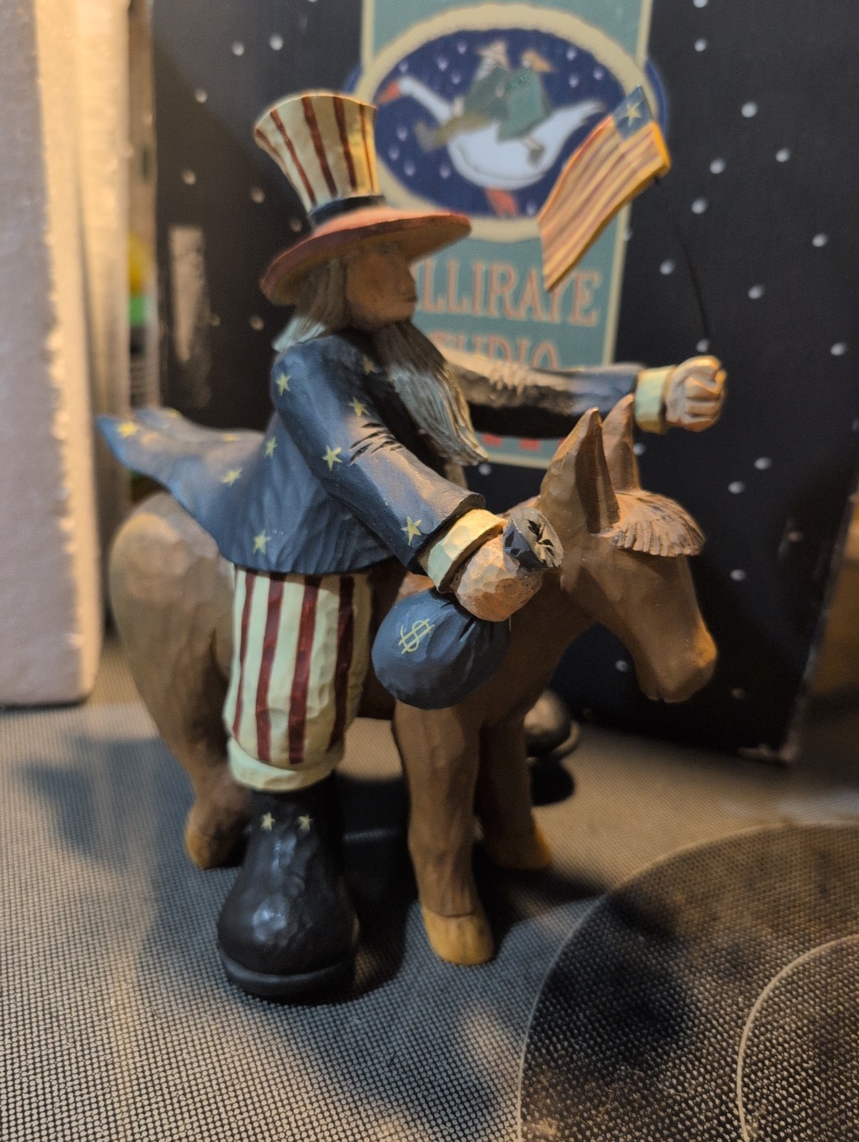 Williraye Studio Uncle Sam Riding Donkey Folk Art Figurine WW1326 Patriotic