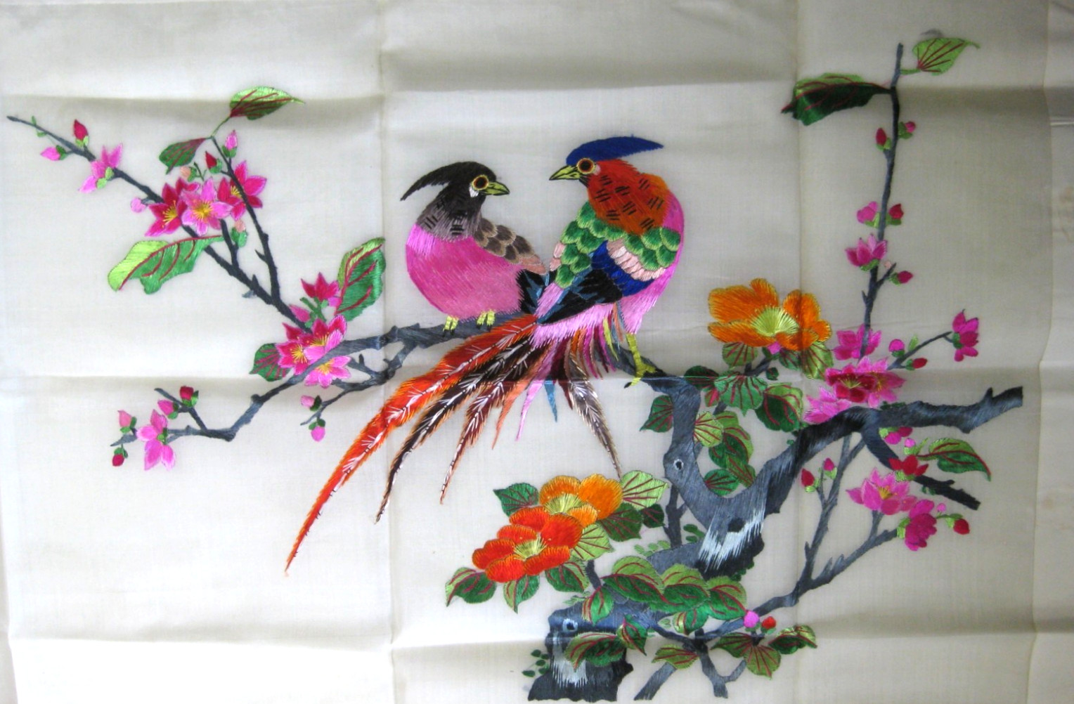 Vintage Silk Embroidery Pair of Phoenixes Chi Wen Silk Weaving Co. Hong Kong