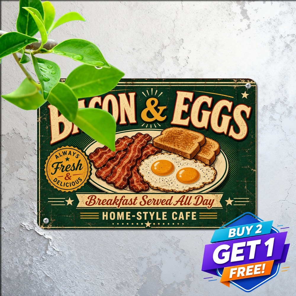 Breakfast Bacon Fried Eggs Toast Diner Kitchen Metal Sign