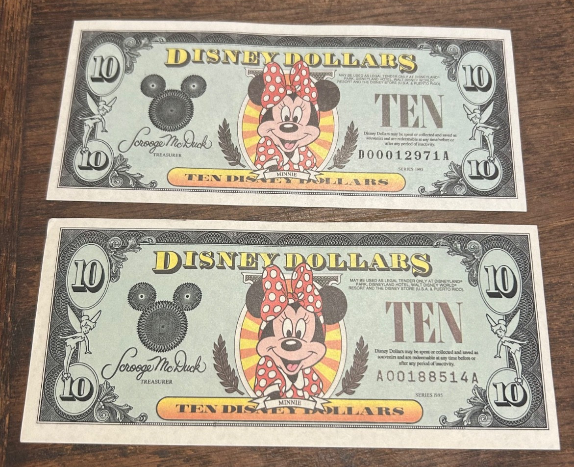 2 Disney Dollars Minnie Mouse $10 1993 D & 1995 A Uncirculated