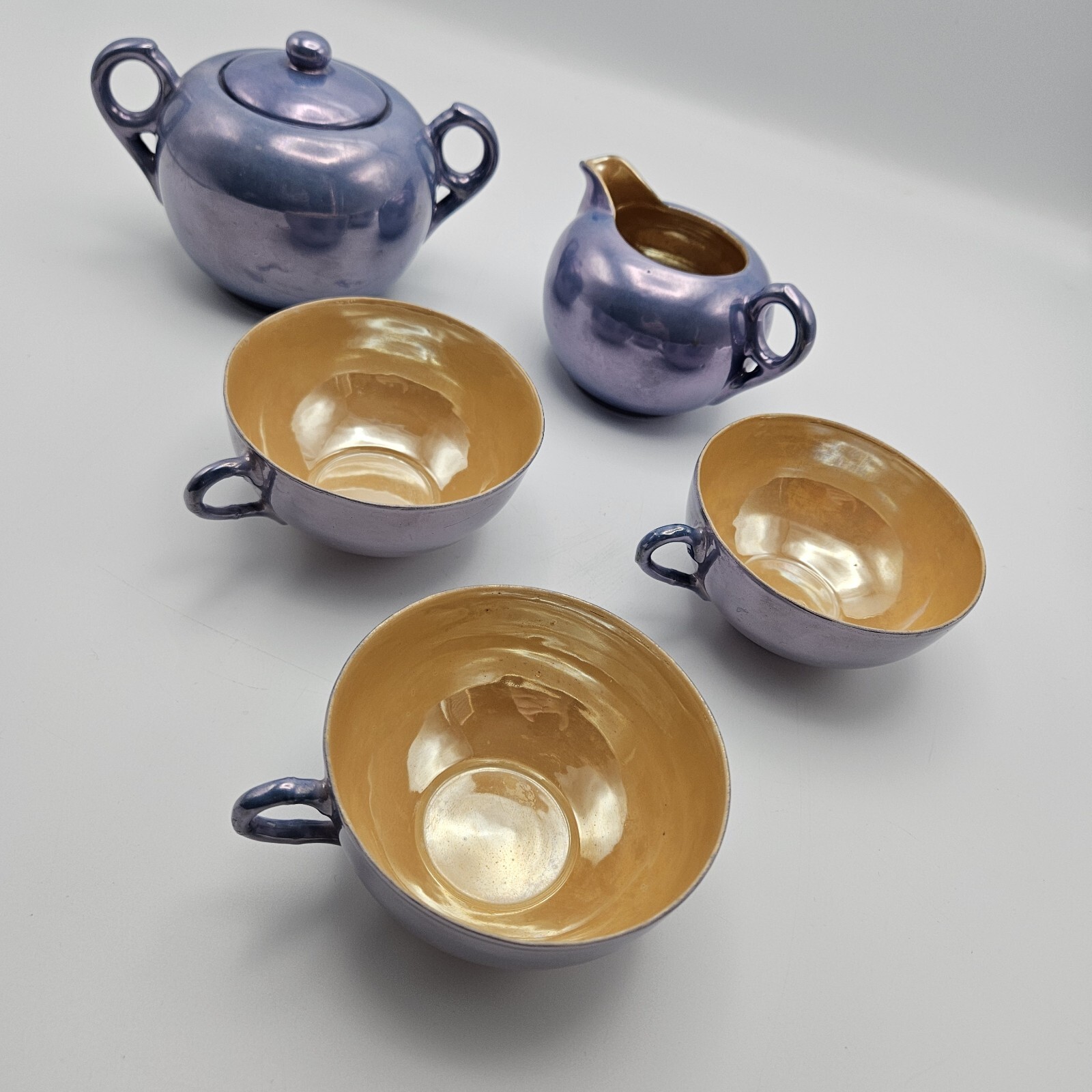 Tashiro Shoten Luster Ware Creamer Sugar Bowl Teacup Set Japan Blue Peach VTG