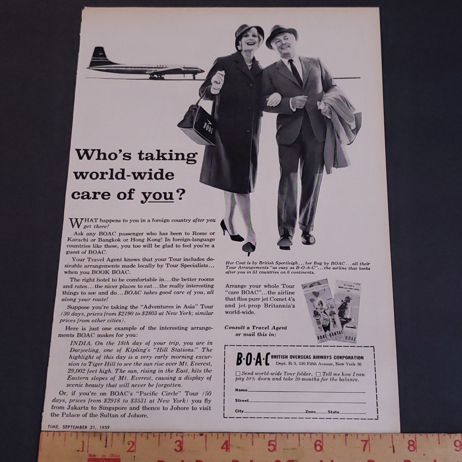 1959 British Overseas Airways Advertisement Vintage 1950s Airline Print Ad
