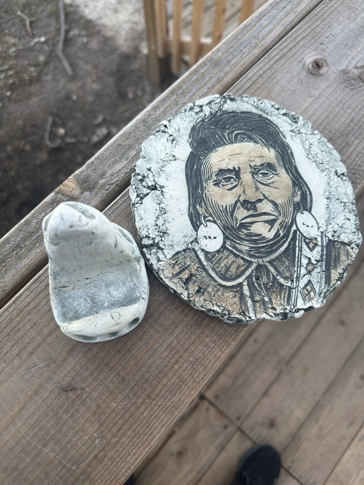 Hand Painted Stone Portrait Plaque, Abstract Art, Free Standing, Round, Matte