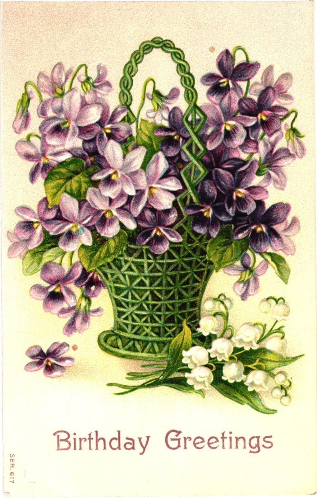 Birthday Greetings Violets Lily of the Valley Embossed Divided Back Postcard