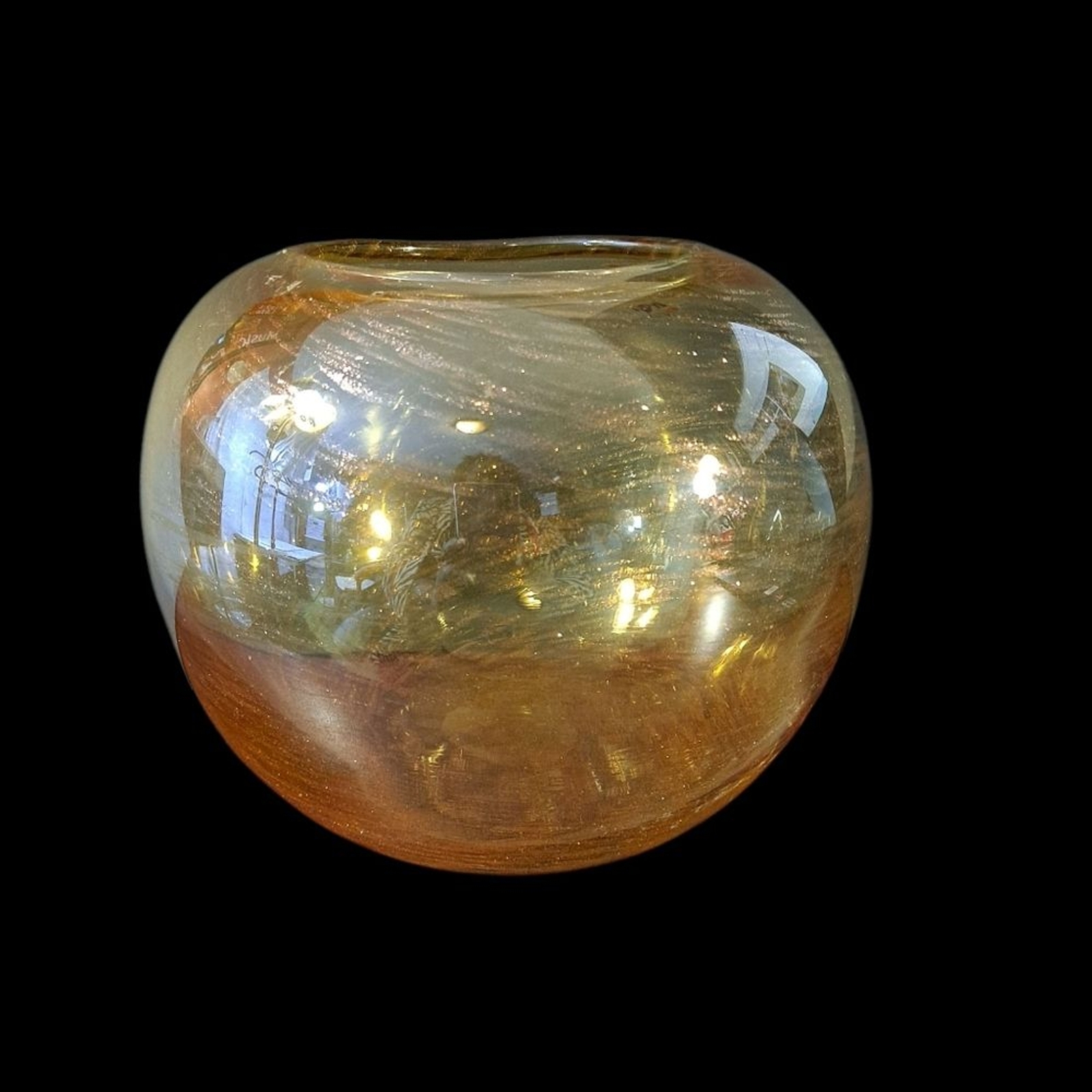 HQT Handmade Yellow Gold Swirl Round Blown Glass Vase Decorative Bowl