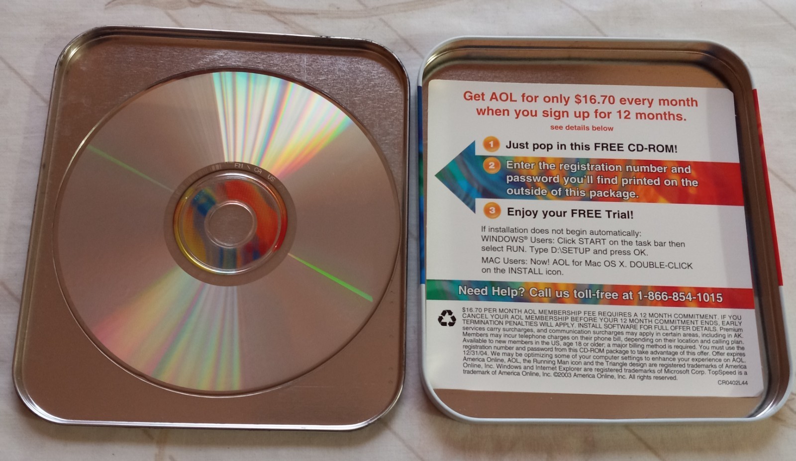 AOL disc, internet access, setup disk, 9.0 optimized, 1125, 1099 hrs. 2 months.