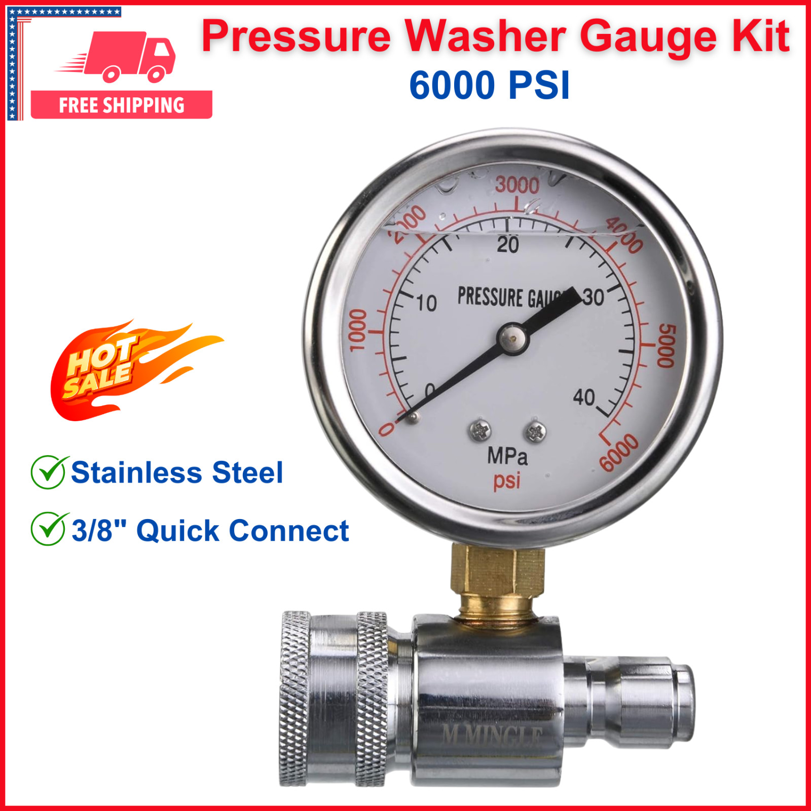 Pressure Washer Gauge Kit, 3/8″ Quick Connect, 6000 PSI for Power Washer Testing