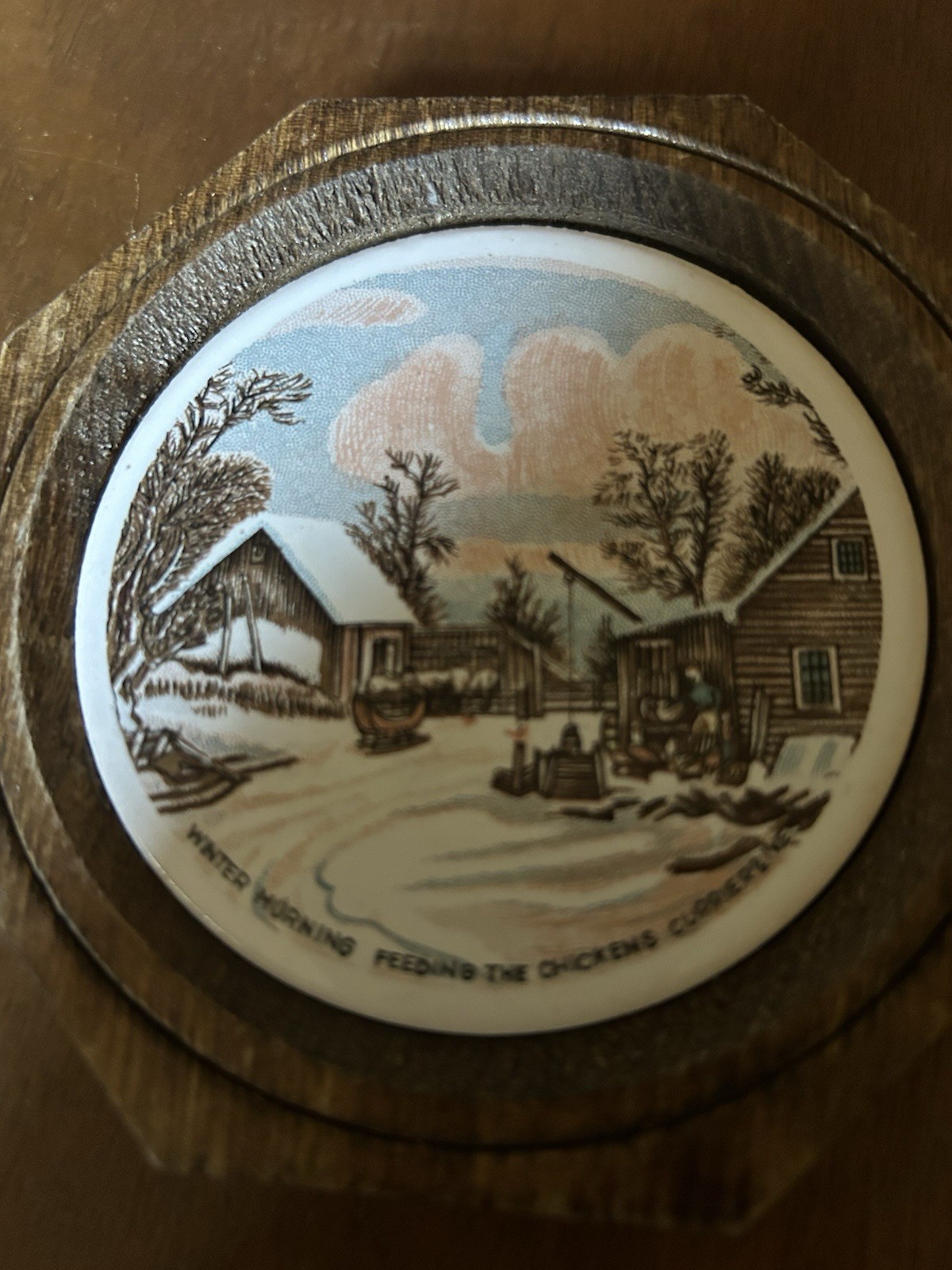 Currier & Ives “Winter Morning Feeding The Chickens” Ceramic Tile On Wooden Wall
