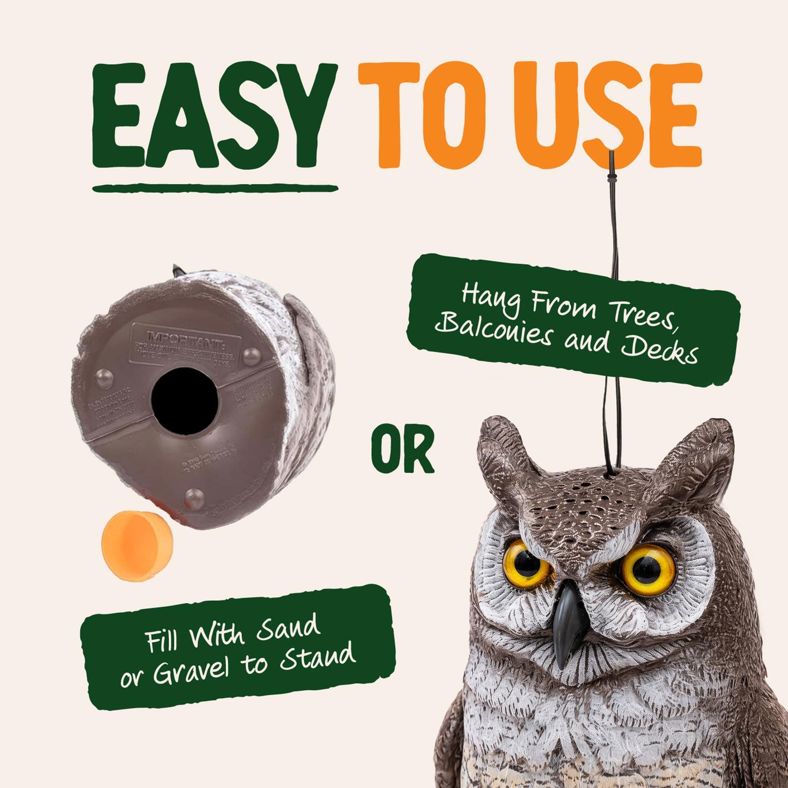 Dalen Large Fake Owl Decoy to Scare Birds Away – 16 in 16 inches, Multicolor