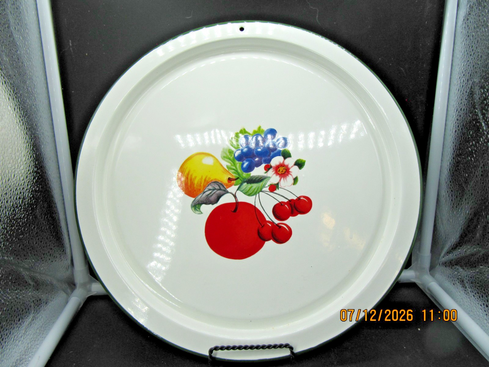 Vintage Blue Sky Enamelware Cherry Fruit Enamel Metal Plate Platter Tray 13” #3