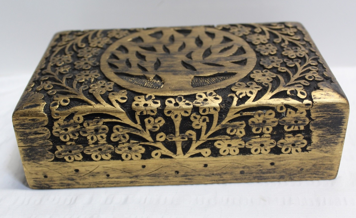 Vintage made in India Carved Wood Box Tree of Life Antique Gold & Black 8″x5″x3″