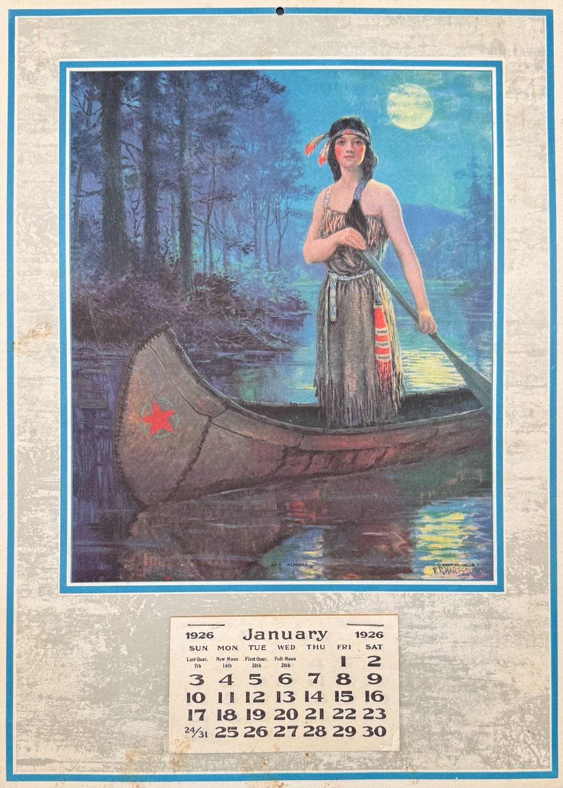 1926 Wenonah Calendar F.R. Harper Native American Canoe Coffee Advertising